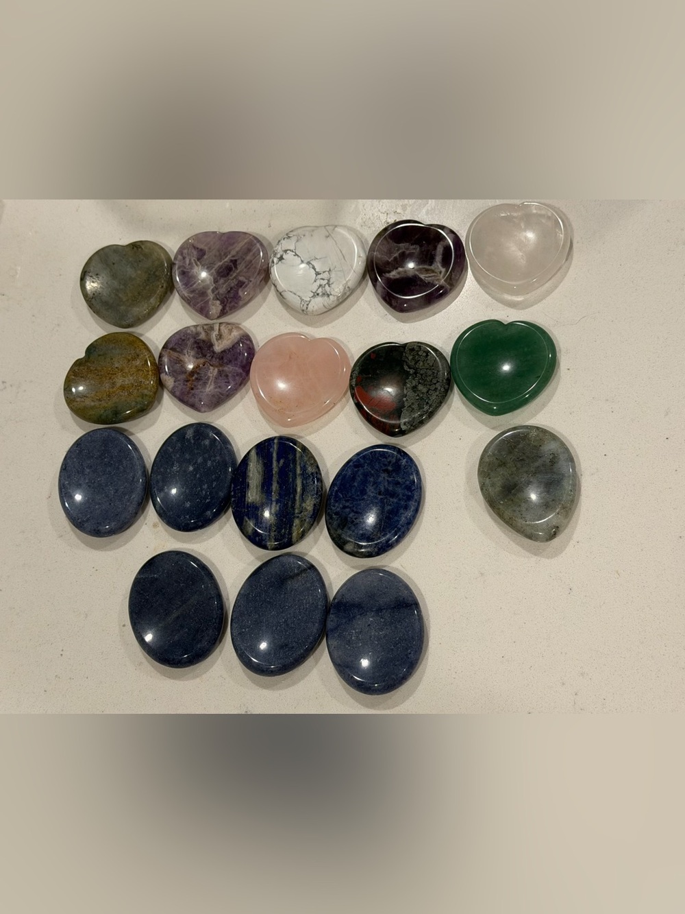Lot of 18 Polished Gemstone Worry Stones Hearts and Ovals